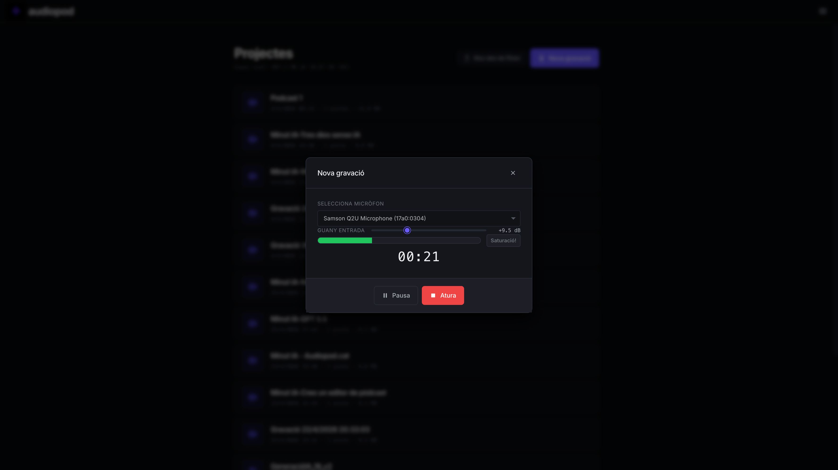 Captura de pantalla de l'editor Audiopod en català