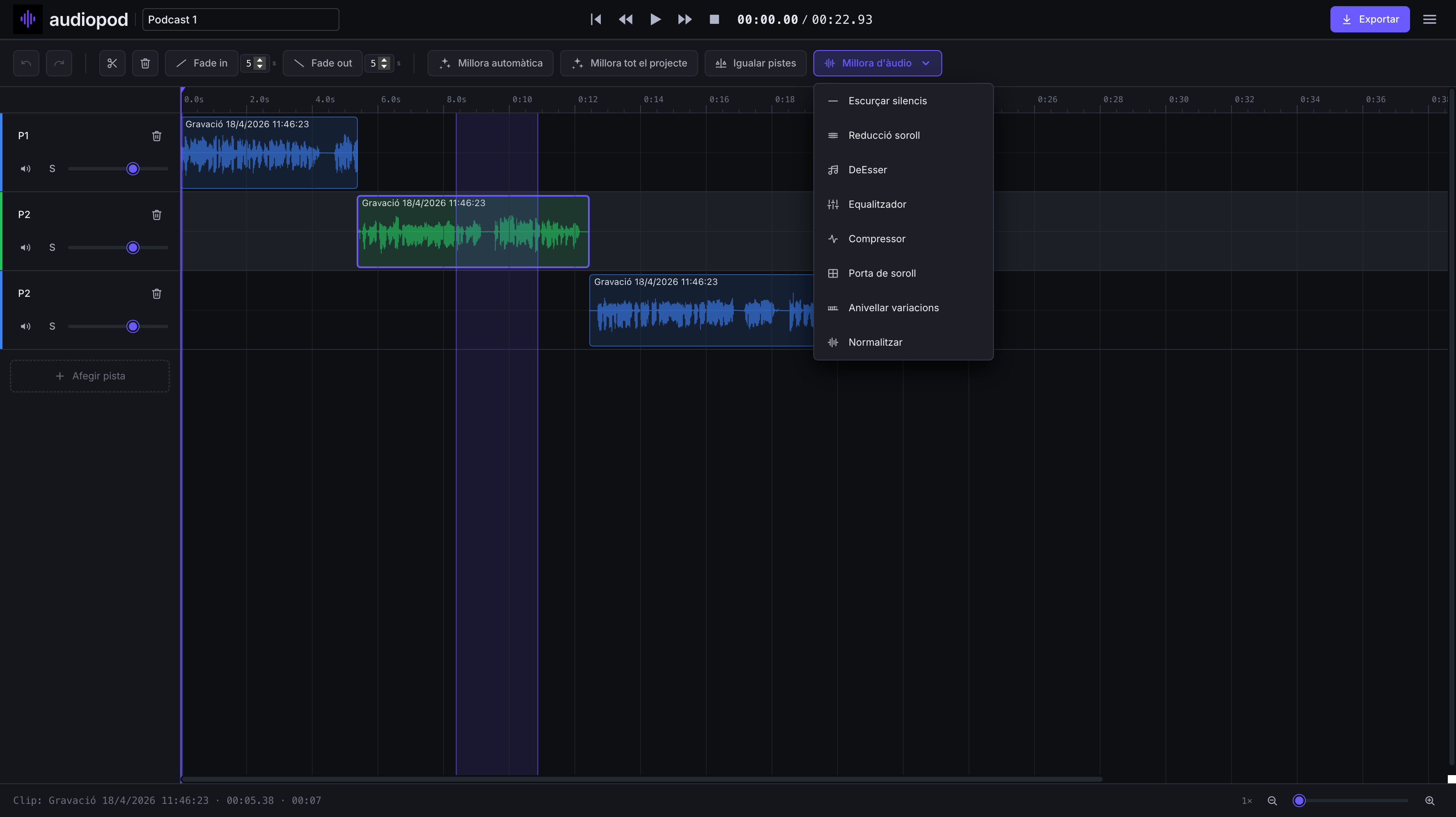 Captura de pantalla de l'editor Audiopod en català