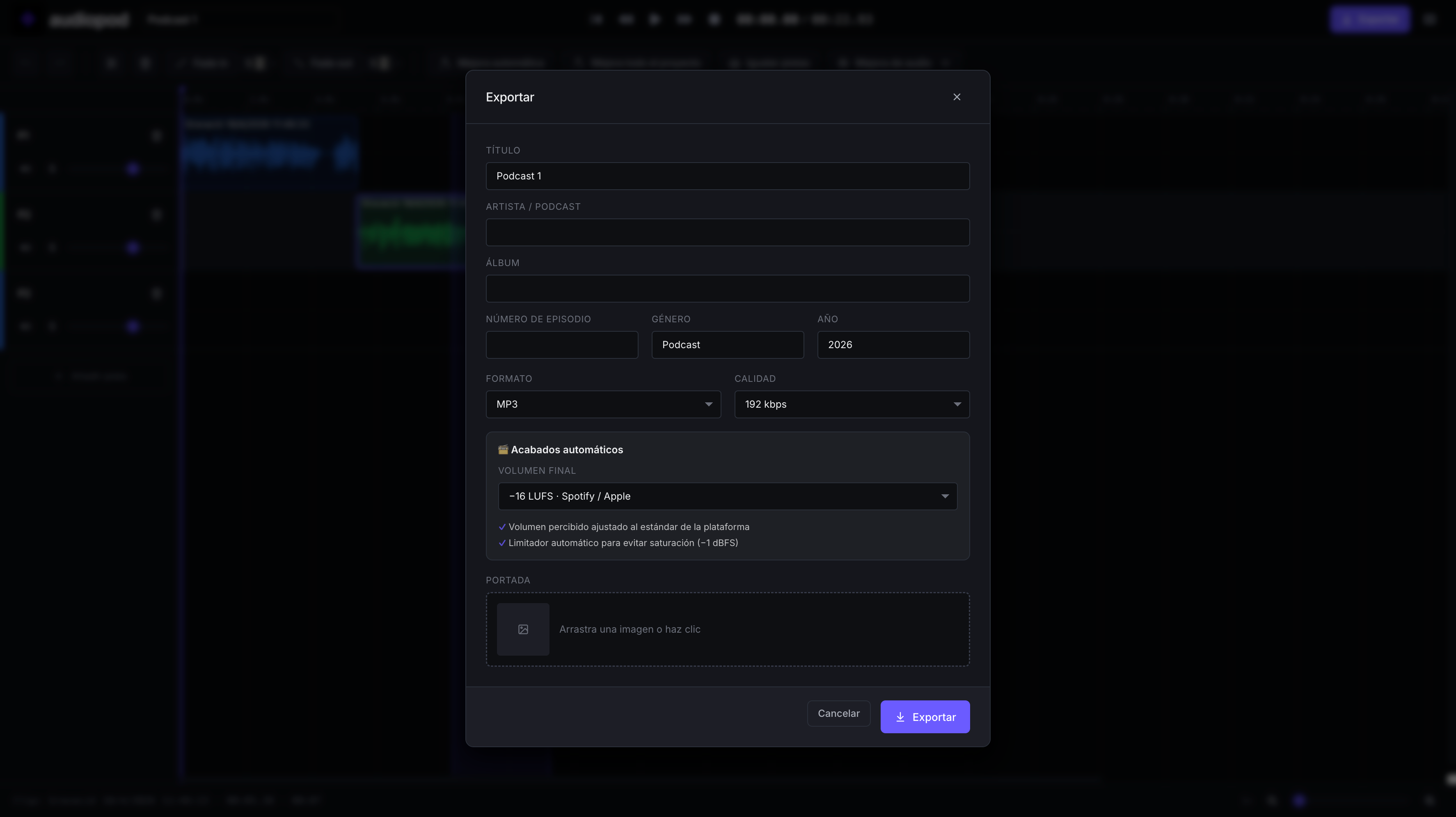 Captura de pantalla del editor Audiopod en español
